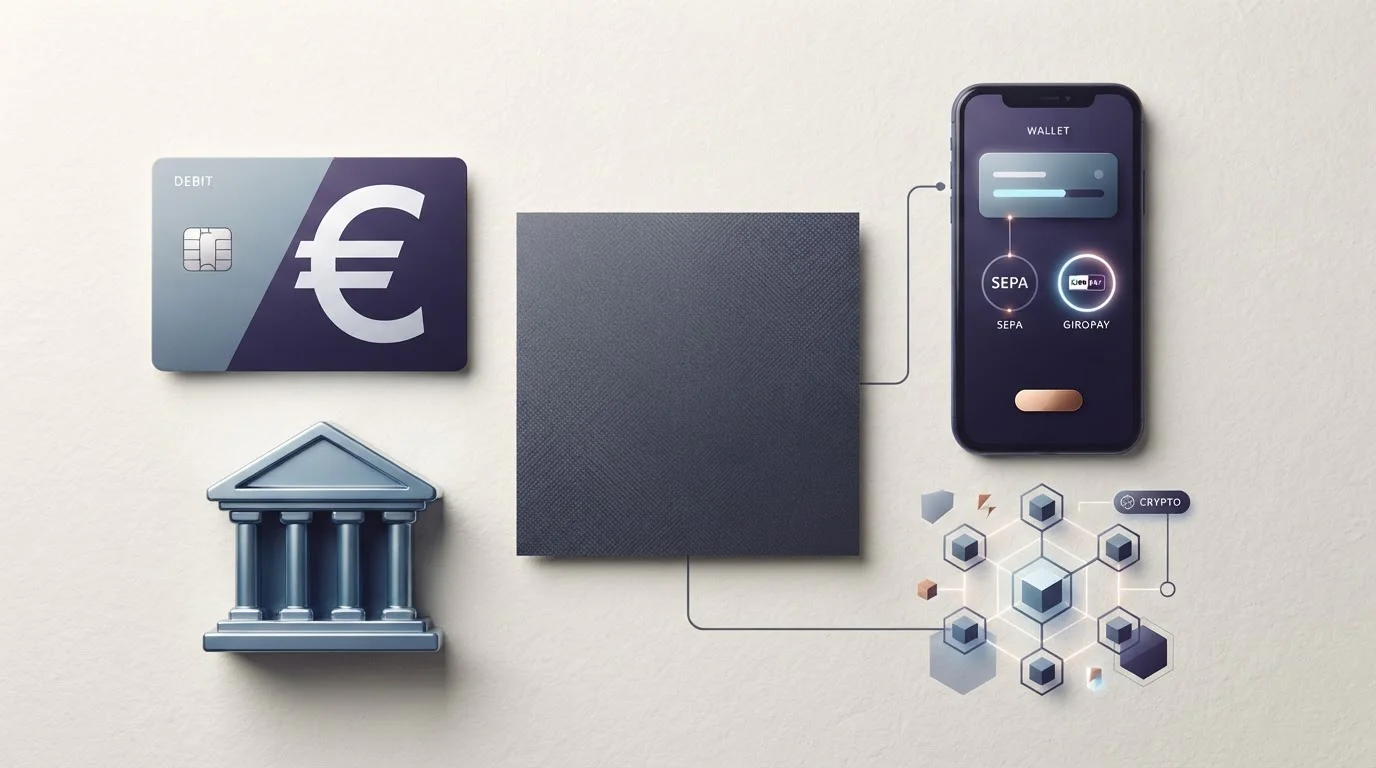 Redaktionelle Illustration zu Euro-Zahlungen, E-Wallet, Banküberweisung und Kryptowährungen ohne Markenlogos