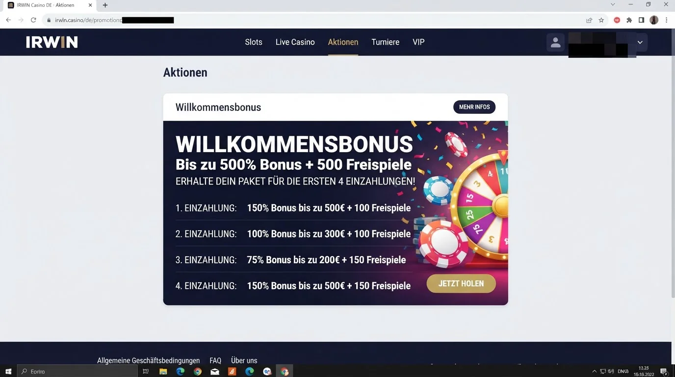 Aktuelle Bonus- und Aktionsübersicht von IRWIN Casino