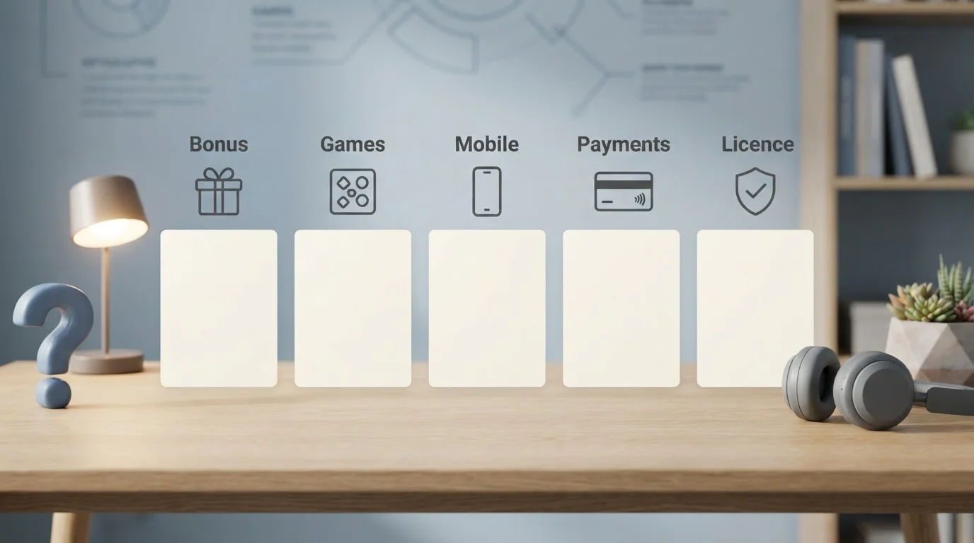 Neutrale redaktionelle FAQ-Grafik zu Bonus, Spielen, App, Zahlungen und Lizenz