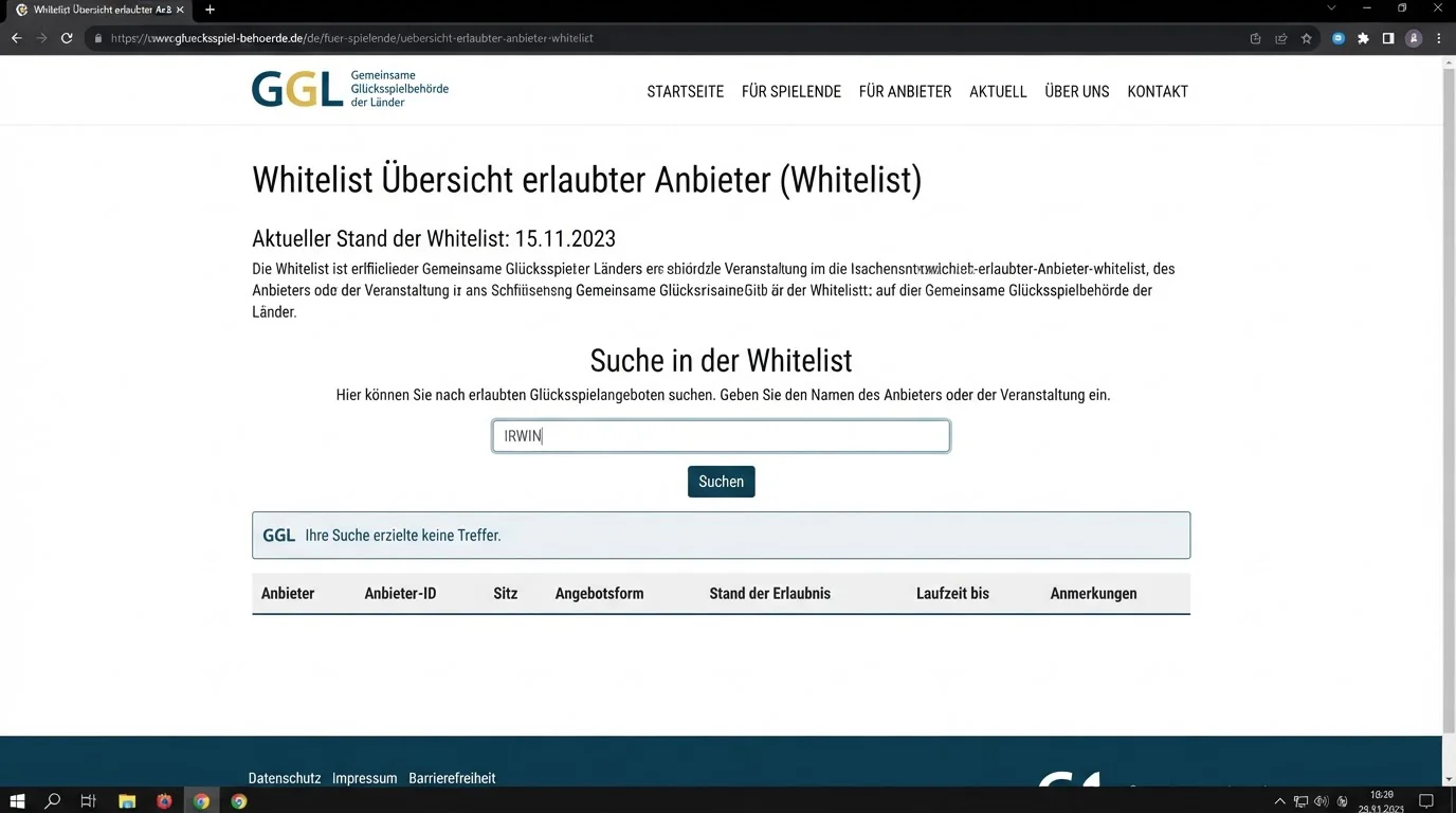 Amtliche GGL Whitelist zur Prüfung erlaubter Glücksspielanbieter in Deutschland