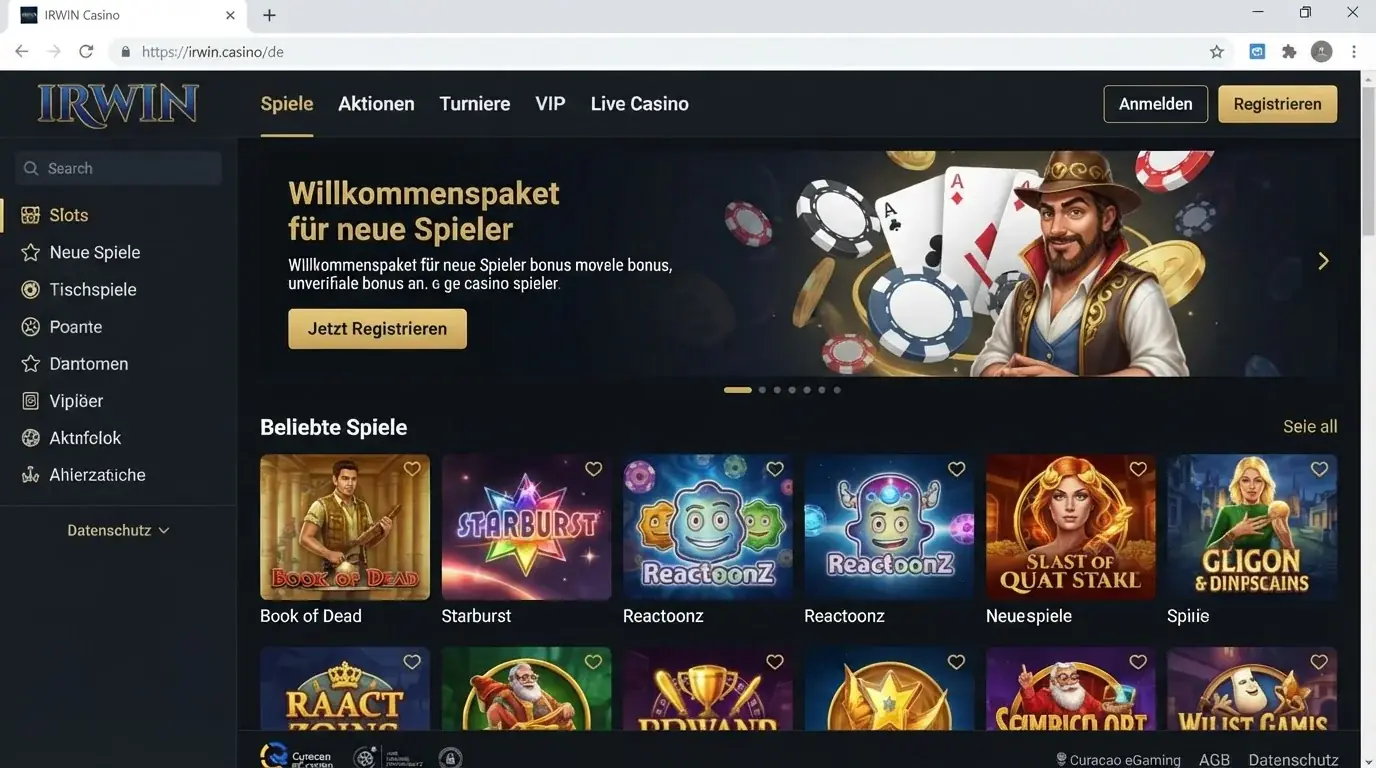 Authentische deutsche IRWIN Casino Startseite mit sichtbarer Markenoberfläche